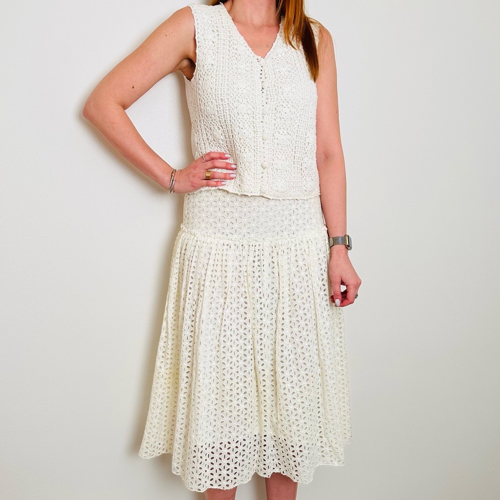 VintageKenzie Cream A-Line Eyelet Midi Skirt - Picture 3 of 8